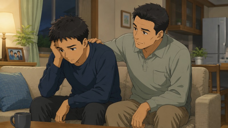 リストラ後に落ち込み、自宅のリビングでうつむく20代男性に対して、父親が隣で肩に手を添えながら優しく励ましている場面。転職活動へ踏み出すきっかけとなった家族の支えを描いたシーン。