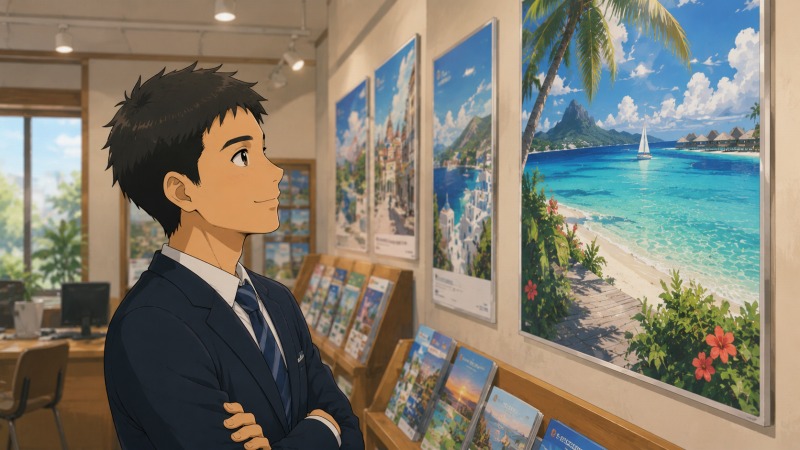 旅行代理店で働く20代男性が、店内に飾られた南国リゾートの旅行ポスターを穏やかに微笑みながら見つめているシーン。異業種転職後、接客業のやりがいや新しい目標を少しずつ感じ始めている様子を描いている。