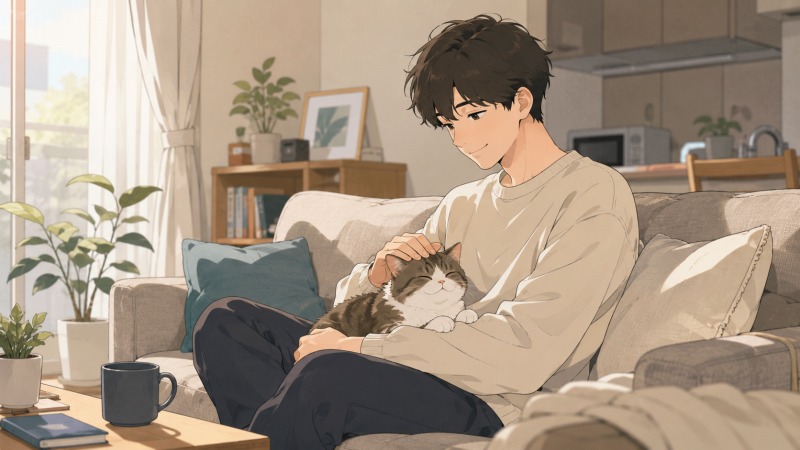 転職前の忙しい日々のなか、宮城県在住の26歳男性が一人暮らしの部屋で愛猫を優しく抱きながら穏やかな時間を過ごしている様子。警備会社勤務で疲弊していた彼にとって、猫との暮らしが唯一の癒しだったことを表現した、温かみのある日常シーン。