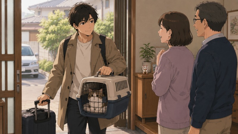 退職後の転職活動中、26歳男性が愛猫と一緒に実家へ帰り、家族に温かく迎えられる玄関の場面。仕事のストレスから離れ、静養しながら未経験のIT転職へ向かう転機を描いたワンシーン。