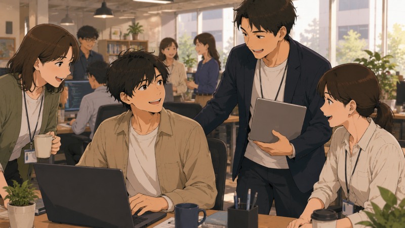 未経験からITエンジニアへ転職した26歳男性が、明るくアットホームなIT企業のオフィスで同僚と笑顔で相談しながら働く場面。前職の対人関係のストレスから離れ、協力し合える職場風土に安心感を得ている様子。