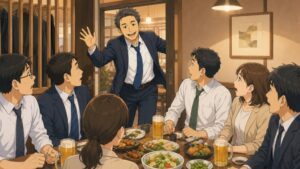 新しい職場の飲み会当日、招かれていなかった40代の男性社員が笑顔で居酒屋の個室に飛び込み、同僚たちが驚いた表情で振り向いている場面。キャリア採用者への冷たい対応を乗り越え、自ら職場の人間関係に入り込もうとする転職後の転機を描いたイラスト。