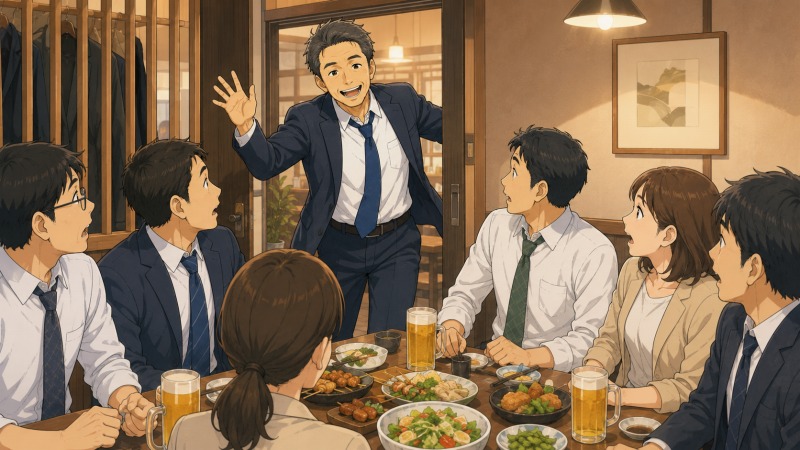 新しい職場の飲み会当日、招かれていなかった40代の男性社員が笑顔で居酒屋の個室に飛び込み、同僚たちが驚いた表情で振り向いている場面。キャリア採用者への冷たい対応を乗り越え、自ら職場の人間関係に入り込もうとする転職後の転機を描いたイラスト。
