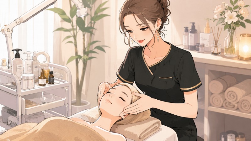 美容サロンの施術ルームで、少し華やかな雰囲気の若い女性エステティシャンがフェイシャルエステを行っている様子。落ち着いた照明の中、お客様に丁寧に施術をしながら、美容やスキンケアへの想いを持って働く姿が描かれている。未経験転職前のエステティシャン時代の仕事風景を表現したアニメ風イラスト。