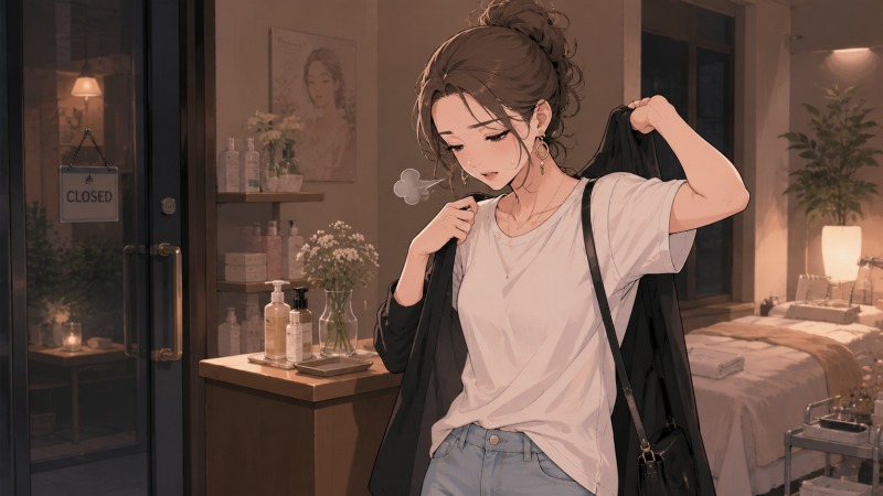 閉店後の美容サロンで、普段着に着替えた若い女性エステティシャンが疲れた表情でため息をついている様子。長時間労働を終えたエステティシャンの忙しさと心身の疲労を表現したアニメ風イラスト。