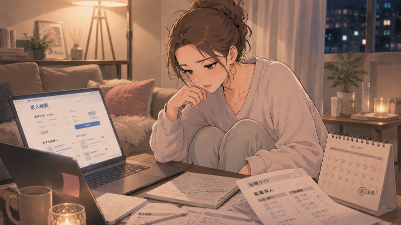 自宅で若い女性がノートパソコンとスマートフォンを使いながら、求人サイトで転職先を探している様子。机には求人メモやスケジュール帳が広がり、転職活動への不安と真剣さが感じられる。未経験転職を目指して情報収集を続ける女性を描いたアニメ風イラスト。