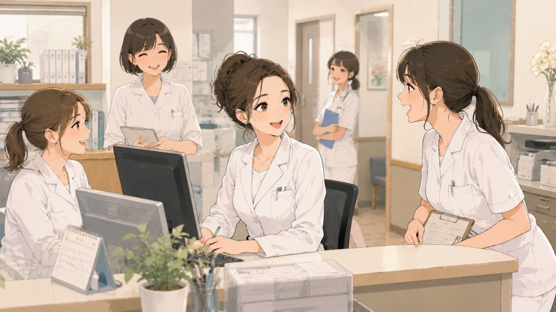 小さなクリニックの受付で、白衣姿の女性医療事務スタッフたちが笑顔で会話をしながら働いている様子。アットホームで仲の良い職場の雰囲気が伝わり、未経験で医療事務へ転職した女性が安心して馴染んでいく環境を表現したアニメ風イラスト。