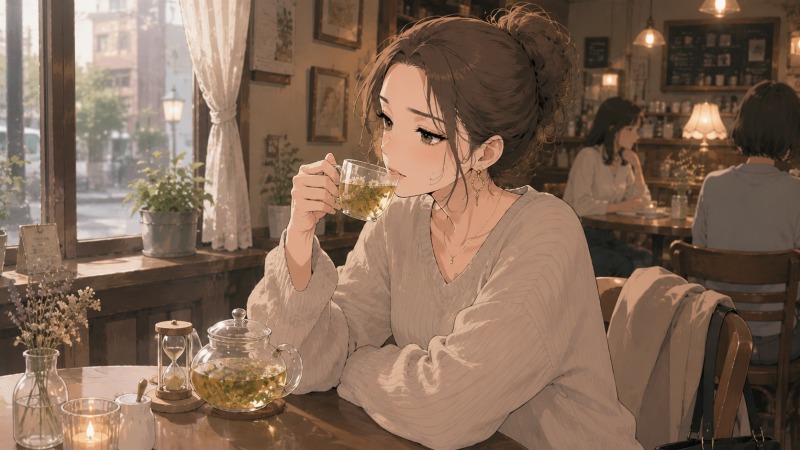 落ち着いた雰囲気の喫茶店で、若い女性がアンニュイな表情を浮かべながらハーブティーを静かに飲んでいる様子。窓から柔らかな光が差し込み、転職や将来について思いを巡らせる繊細な感情を表現したアニメ風イラスト。