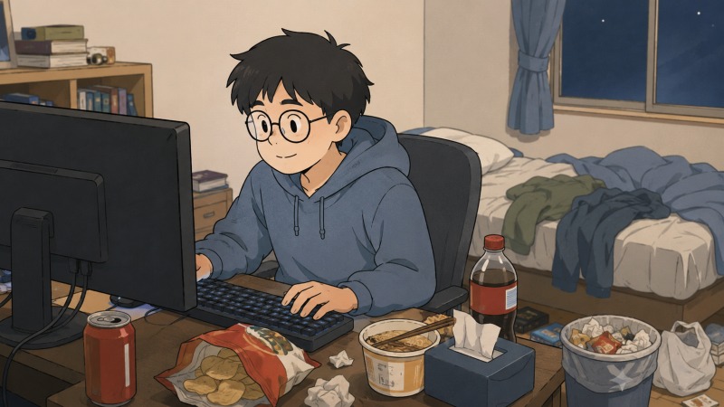 20代の元鉄道会社勤務の男性が、夜の自室でインターネットゲームに没頭している様子。散らかった部屋にはジャンクフードや飲み物が置かれ、不規則な生活と孤独な私生活が表現されている。転職前の無気力な日常と、将来への漠然とした不安を感じさせるシーン。