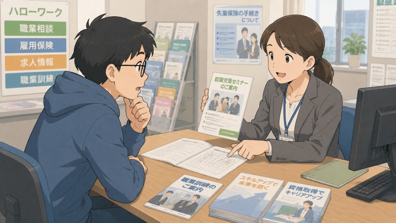 ハローワークの相談窓口で、20代男性が職員から失業保険や就職先、セミナー、資格取得について助言を受けている転職活動中のシーン。未経験からIT業界を目指す不安と、支援を受けながら前へ進む姿を表している。