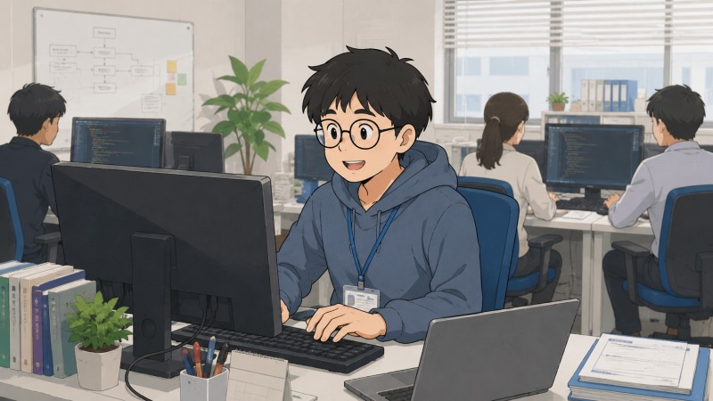 未経験からシステム開発会社へ転職した20代男性が、オフィスでプログラマーとして働き始めたシーン。パソコンに向かいコードを書きながら、新しいキャリアへの期待と緊張を感じさせる。IT業界へのキャリアチェンジとスキル習得への第一歩を表現している。