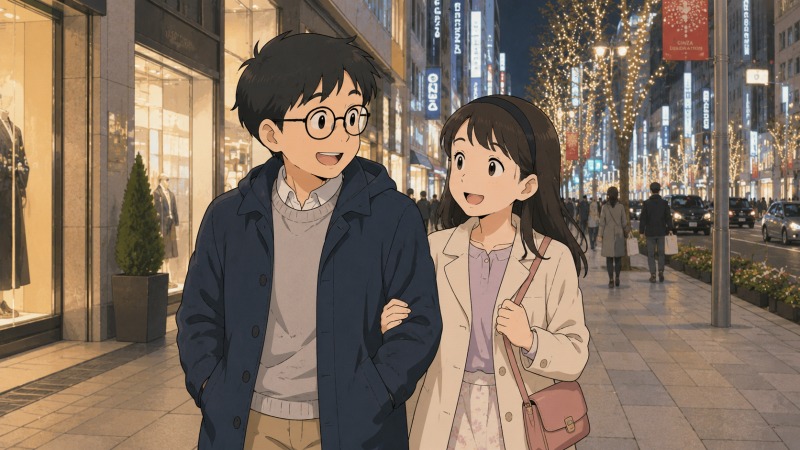 転職を経て生活が前向きに変化した20代男性が、恋人と銀座の街を仲良く歩く夜のデートシーン。イルミネーションが輝く都会の街並みの中で、穏やかな笑顔を交わしながら未来への希望や充実した私生活を感じさせる場面。
