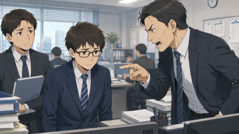 印刷会社のオフィスで、精神的に余裕を失った上司が主人公や同僚に苛立ちをぶつけている場面。営業職として働く20代男性が萎縮し、職場の人間関係悪化と転職を考えるきっかけが伝わるシーン。