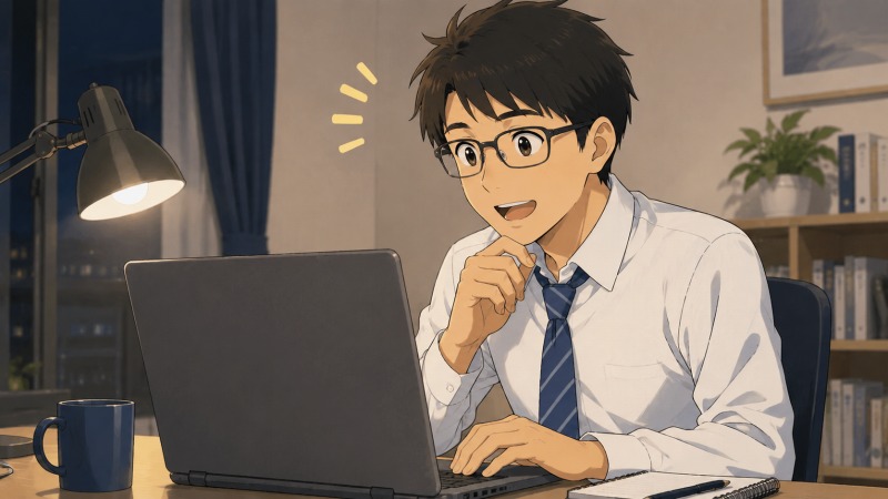 在職中に転職活動を進める20代男性が、自宅の机で大学ホームページを見て正規職員の求人を見つけ、希望を感じている場面。北海道へのUターン転職と大学職員への異業種転職の転機を描いたシーン。