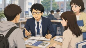 大学職員として働く20代男性が、明るいキャンパス内の相談スペースで学生たちと笑顔で会話している場面。北海道へのUターン転職後、教育現場で若者の成長を支えながら仕事のやりがいを感じているシーン。