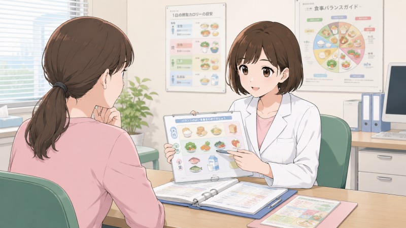 病院の栄養指導室で、若い女性栄養士が患者に食事バランスや栄養管理について丁寧に説明しているイラスト。献立表や食品イラストを使いながら、健康改善に向けたアドバイスを行う様子が描かれており、栄養士としての専門性と患者との信頼関係が伝わる場面。
