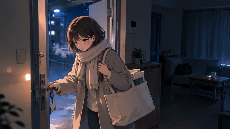 夜22時頃、仕事終わりの女性が疲れた表情で自宅の扉を開け、暗く静まり返った部屋へ帰宅するイラスト。寒い冬の空気が漂う中、長時間労働を続ける栄養士の孤独感と心身の疲労が伝わる場面。