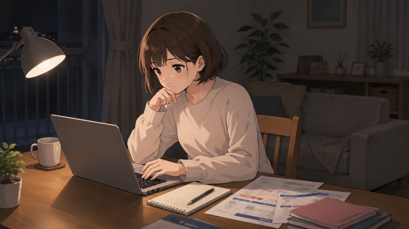 夜の自宅で、女性が転職サイトを見ながら求人情報を比較し、ノートや資料を広げて転職活動を進めているイラスト。栄養士から異業種転職を考える不安と期待が伝わる場面。