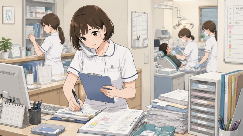 未経験で歯科助手に転職した女性が、少人数の歯科クリニックで受付対応や書類整理、診療補助を同時にこなしながら、覚える仕事の多さに戸惑っているイラスト。ゼロから新しい職種に挑戦する不安と多忙さが伝わる場面。
