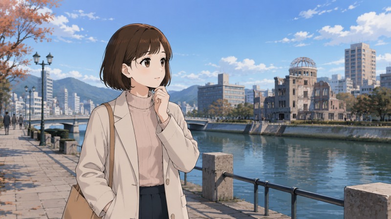 休日の広島で、女性が川沿いの街並みを歩きながら、自分の将来や次の働き方について静かに考えているイラスト。転職後の迷いと、焦らず前に進もうとする気持ちが伝わる場面。