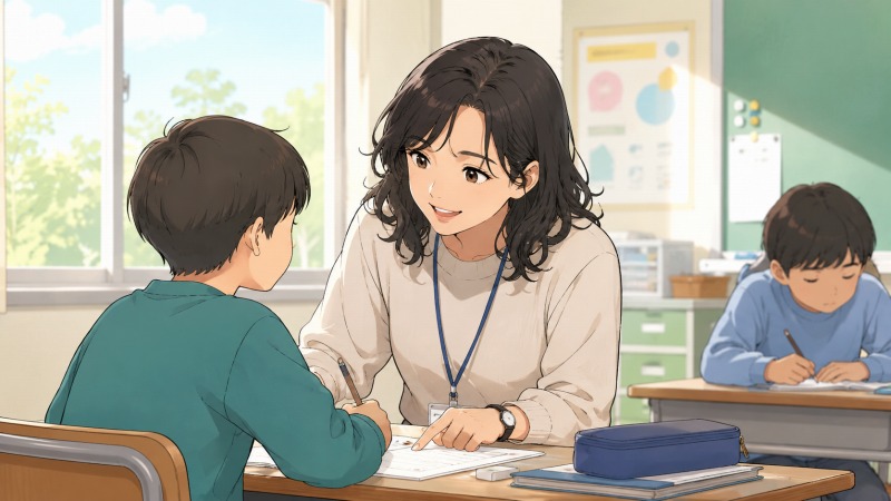 特別支援学校の教室で、黒髪のゆるいパーマヘアの女性教諭が児童に寄り添いながら個別指導をしている様子。明るい日差しが差し込む教室で、生徒一人ひとりに丁寧に向き合う特別支援教育の現場と、教師としてのやりがいや温かな関係性が伝わるシーン。