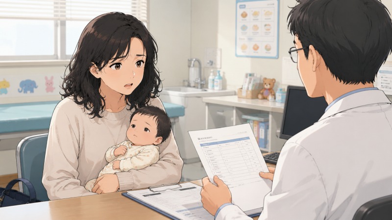 小児科の診察室で、女性が生後2か月の赤ちゃんを抱きながら、医師から重度の食物アレルギーの診断結果を聞いている場面。不安げな表情の母親と穏やかに説明する医師を通じて、子育てと治療への心配が伝わる転職体験談の一場面。
