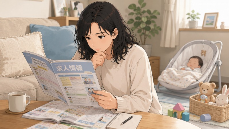 自宅のリビングで、黒髪のゆるいパーマヘアの女性が求人誌を真剣な表情で読みながら転職先を探している様子。そばでは赤ちゃんがベビーチェアで眠っており、子育てと仕事の両立を考えながら、児童デイサービスへの再就職を模索する40代女性の転職活動の一場面。