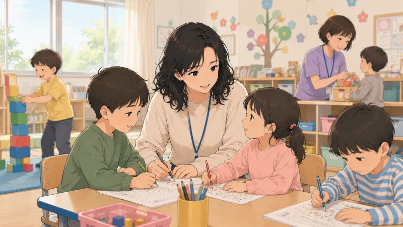 児童デイサービスの教室で、黒髪のゆるいパーマヘアの女性指導員が子どもたちに寄り添いながら学習や遊びをサポートしている様子。塗り絵や積み木に取り組む児童たちを温かく見守る姿から、障がい児支援の現場ならではの安心感や信頼関係、日常的な療育支援の雰囲気が伝わるシーン。