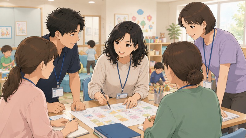 新しく開設された児童デイサービス事業所で、スタッフたちがテーブルを囲みながら支援プログラムについて話し合っている様子。黒髪のゆるいパーマヘアの女性指導員を中心に、子どもたちを見守りながら協力して事業所を運営していく前向きな雰囲気と、福祉の現場で働くやりがいが伝わるシーン。