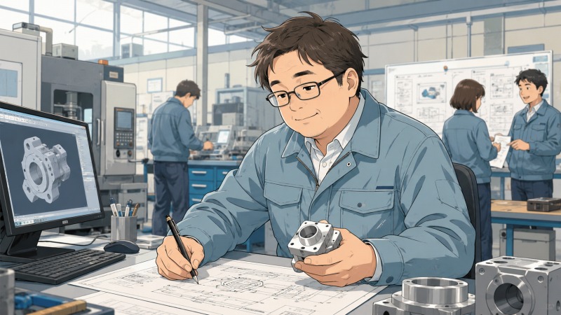 製造メーカーの技術職として働く40代男性エンジニアが、工場内の設計スペースで図面を書きながら金属部品を手にしている様子。CAD画面や加工機械、試作品が並ぶ現場で、ものづくりに集中する穏やかな表情が描かれた、製造業の開発・設計業務を象徴するシーン。