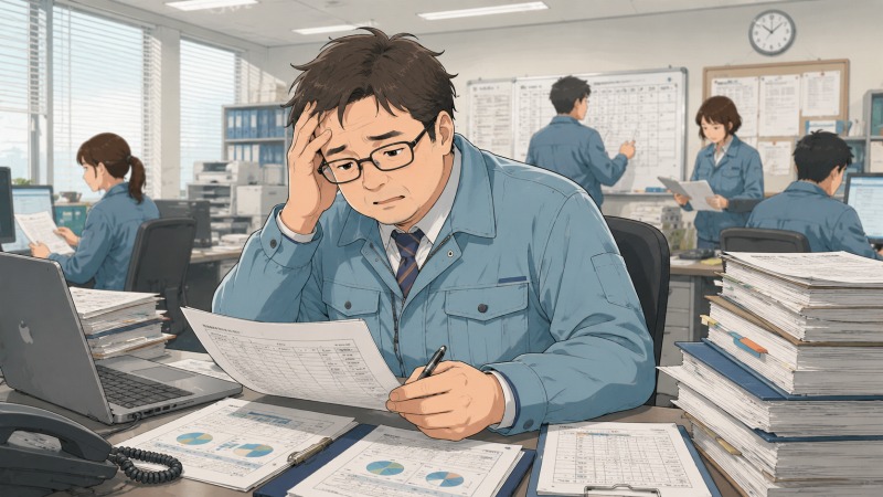 課長に昇進した40代男性が、製造メーカーのオフィスで山積みの書類や管理資料に囲まれ、現場のものづくりから離れて管理業務に追われている様子。技術職から管理職へ役割が変わり、仕事への戸惑いやストレスを感じている転職前のシーン。