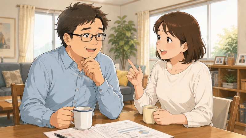 転職を家族に相談する40代男性と、その話を前向きに受け止める妻が、自宅のリビングで穏やかに会話している様子。製造業の技術職として働く男性が転職への不安を抱える一方で、「楽しく生活できるほうが良い」と背中を押す家族の支えが感じられるシーン。
