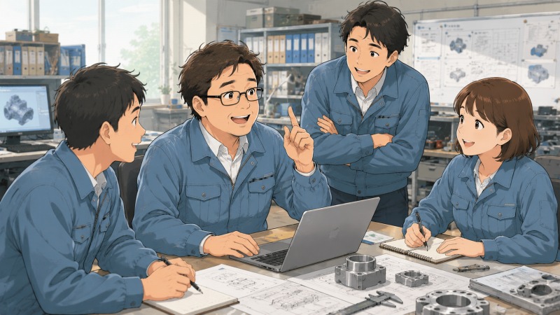 転職後の中小規模の製造メーカーで、40代の技術職男性が同僚たちと設計アイデアを提案し合っている様子。図面や試作品が並ぶ開発現場で、上司やチームメンバーが前向きに意見を受け入れ、「まずやってみよう」という自由度の高い社風と、ものづくりへのやりがいが感じられるシーン。