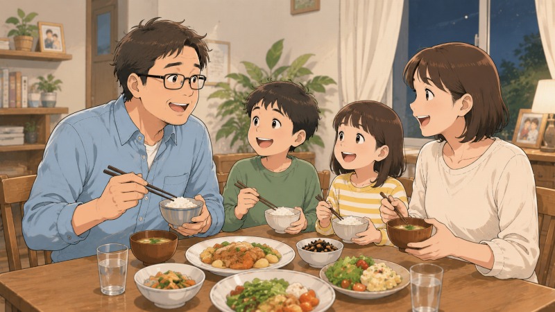転職を支えた妻と2人の子どもに囲まれ、40代男性が自宅の食卓で笑顔で夕食を楽しむ家族団らんの風景。製造業の技術職として働き方に悩みながらも、家族の応援を受けて前向きに転職へ進む温かな日常のシーン。