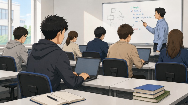 失業手当を受けながら職業訓練校でプログラミングを学ぶ30代男性が、教室でノートパソコンに向かい再就職への準備を進めている様子。転職活動中の学び直しと再出発への前向きな一歩を描いたイラスト。