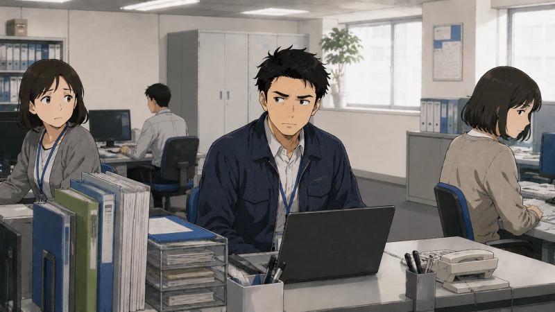 義父の紹介で入社したゴミ処理施設の事務所で、周囲の社員から距離を置かれ孤立感を抱える30代男性の様子。紹介入社による気まずさと職場の複雑な人間関係に悩み、腫れ物扱いされる精神的な苦しさを描いたイラスト。
