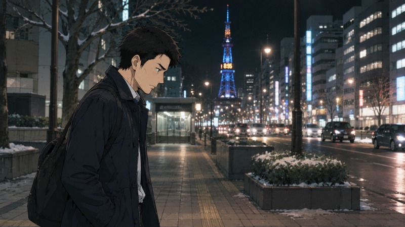 夜の札幌・大通公園周辺を、うつむき加減で歩く30代男性の横顔を描いたイラスト。冬の街灯と車のライトがにじむ中、転職後の孤独や将来への不安を抱えながら帰路につく姿が印象的なシーン。