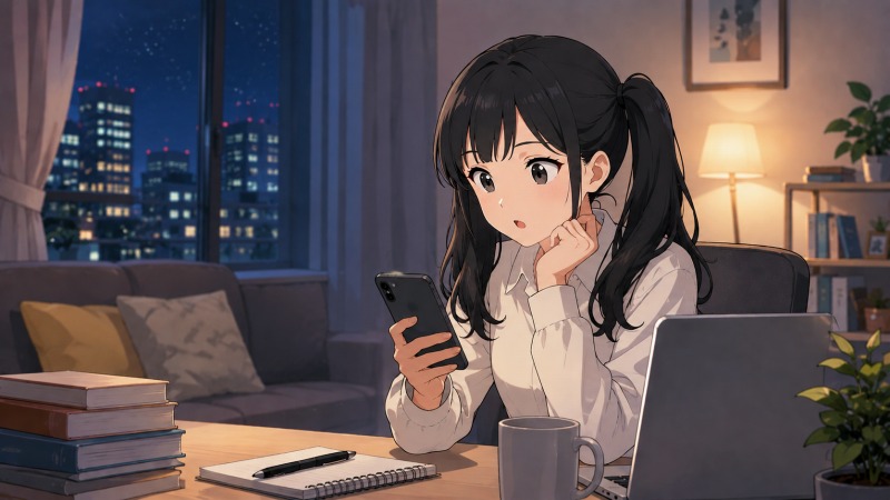 転職活動中の女性事務職員が、夜の自宅でスマートフォンを見ながら転職サイトから届く大量の求人紹介メールを確認しているシーン。黒髪ツインテールの女性が驚きと戸惑いの入り混じった表情を浮かべ、OA事務やExcelスキルを活かせる求人探しに悩む様子を描いた転職活動イラスト。