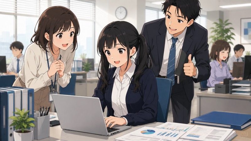 転職後の新しい職場で、女性事務職員がパソコンスキルを活かして資料作成やデータ分析を行い、上司や同僚から歓迎されているシーン。OA事務としての経験が評価され、明るいオフィスで人とのつながりを感じながら働く様子を描いた転職成功イラスト。