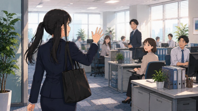 朝のオフィスフロアに出社した黒髪ツインテールの女性事務職員が、同僚たちに笑顔で挨拶をしている後ろ姿のシーン。明るい日差しが差し込む開放的な職場で、社員たちも笑顔で迎えており、人とのつながりを感じながら働ける新しい職場環境を描いた転職成功イラスト。