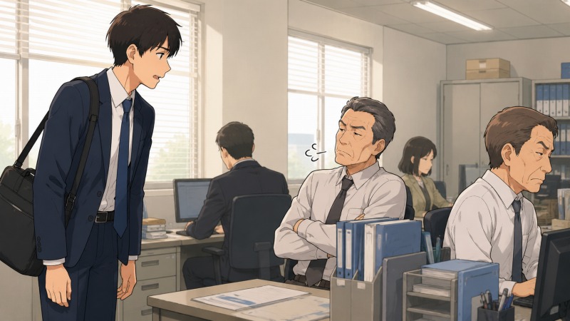 出社した若手社員が職場で挨拶しても同僚に無視され、年配社員から冷たい態度を向けられている様子。転職を決意する前のパワハラや職場いじめによる孤立感を表したオフィスシーン。