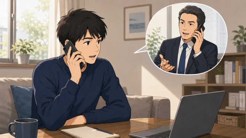 退職後に転職活動をしていた男性が自宅で電話を受け、取引先企業の代表から経営企画職として誘われている様子。地方企業へのスカウト転職に期待と迷いが生まれるシーン。