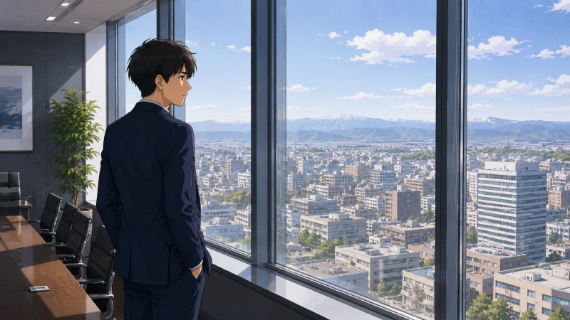 高層ビルの会議室から石川県の街並みを静かに見下ろす若手ビジネスパーソンの後ろ姿。経営企画として数々の困難を乗り越えてきた主人公が、地方企業でのキャリアや将来を思索している印象的なシーン。