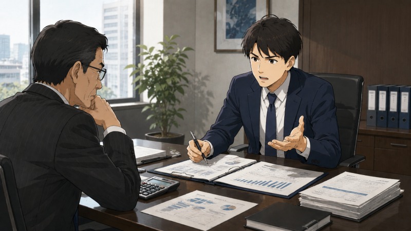 債務超過が判明した転職先企業で、若手の経営企画担当者が銀行担当者と追加融資について厳しく交渉している様子。資金繰り資料を前に、会社再建へ向けたシビアな商談に臨むシーン。