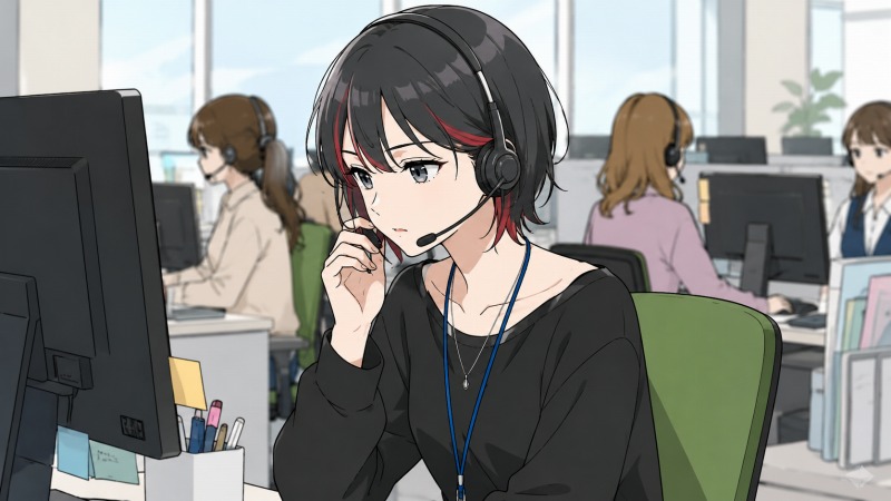 大阪で一人暮らしを始めた20代女性が、生活費を稼ぐためにコールセンターでテレフォンアポインターとして働いている様子。黒髪に赤いメッシュのショートヘアの女性がヘッドセットを付け、オフィスでパソコンに向かいながら電話対応をしている。周囲には同じように電話業務を行うスタッフがおり、都会的で少し緊張感のある職場の雰囲気が描かれている。