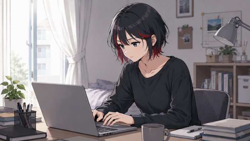 自律神経失調症を抱える20代女性が、自宅でクラウドソーシングのライティング案件に挑戦している様子。黒髪に赤いメッシュのショートヘアの女性が、静かな部屋でノートパソコンに向かいながら文章を書いている。柔らかな朝の光が差し込む在宅ワーク環境の中で、新しい働き方に希望を見出し始めた雰囲気が描かれている。