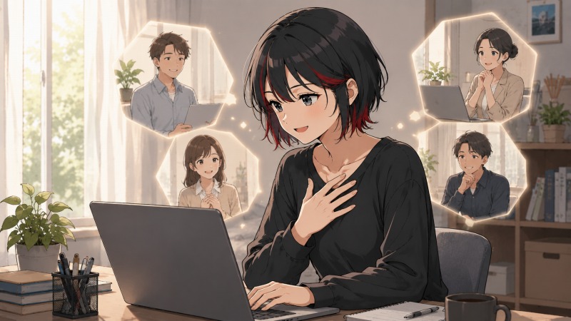 在宅ライターとして仕事を終えた20代女性が、自宅のデスクでノートパソコンを前に感激している様子。複数のクライアントとのオンライン上のつながりが光の演出で表現され、感謝や継続依頼を受けて自分が必要とされる喜びを感じている。