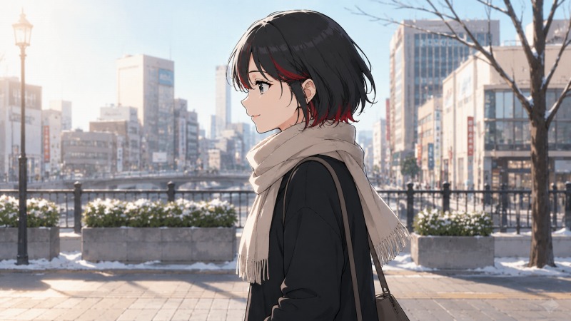 冬の朝の大阪の街を、20代の女性が穏やかに微笑みながら歩いている様子。黒髪に赤いメッシュの入ったショートヘアの女性を真横から捉えた構図で、白いマフラーを巻き、澄んだ冬空と都会の街並みを背景に静かで前向きな雰囲気が広がっている。