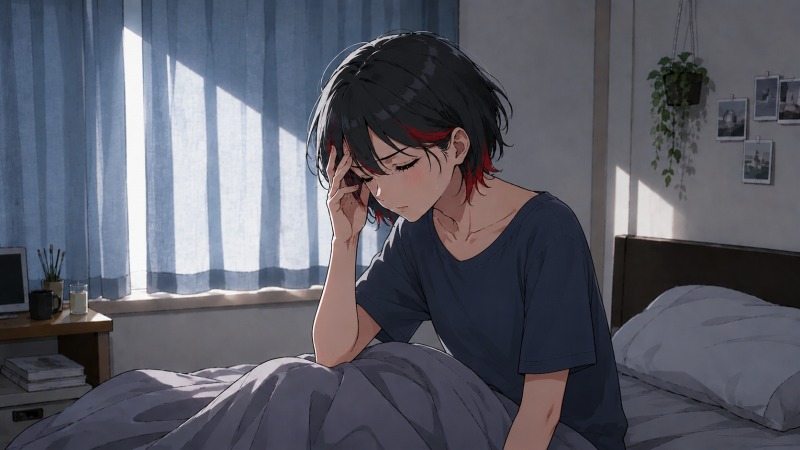 カーテンを閉めた薄暗い部屋で、20代の女性がベッドから起き上がり、頭痛に苦しんでいる様子。黒髪に赤いメッシュのショートヘアの女性が半袖の部屋着姿で額に手を当て、差し込む朝の光の中で体調不良に耐えている。静かな一人暮らしの部屋には、張り詰めた空気と疲労感が漂っている。