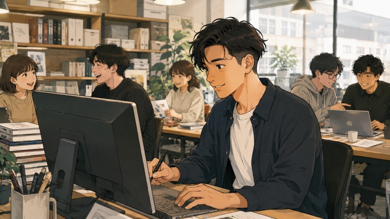 広告代理店と編集プロダクションを兼ねた小規模オフィスで、若い社員たちが和やかに会話しながら働く様子。未経験からアルバイトとして働き始めた男性が、制作や事務など幅広い仕事を任され、アットホームな職場で充実感を得ている転職前のシーン。